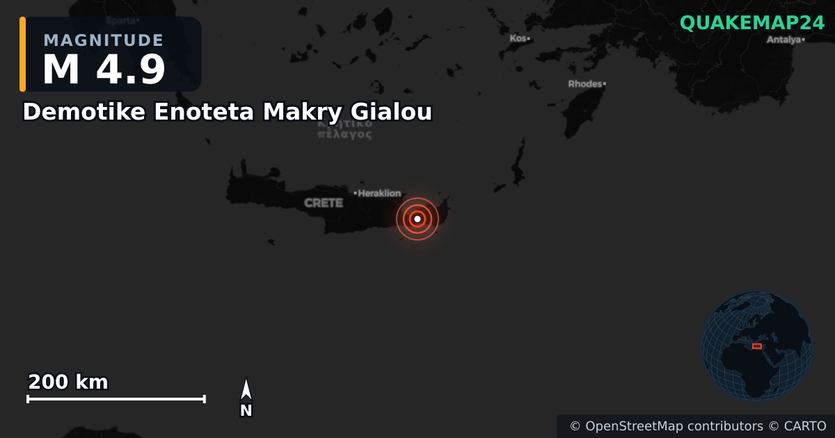 M4.9 earthquake near Demotike Enoteta Makry Gialou on Apr 25, 2026 — map of epicenter and shaking intensity | QuakeMap24