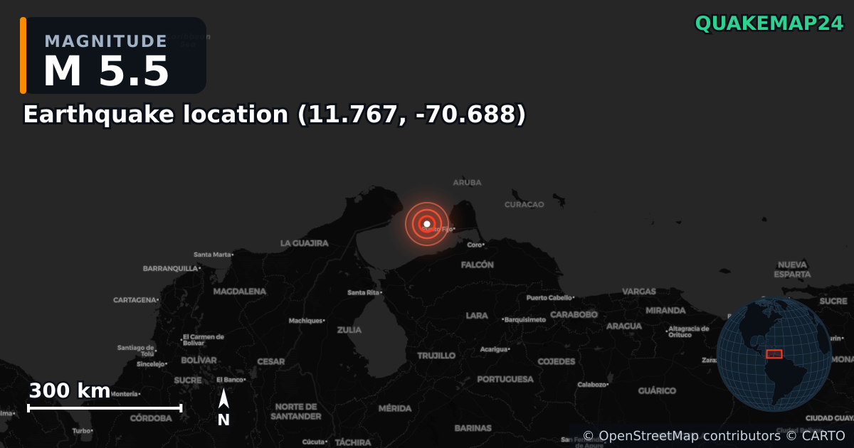M5.5 earthquake near Local do sismo (11.767, -70.688) on Sep 25, 2025 — map of epicenter and shaking intensity | QuakeMap24