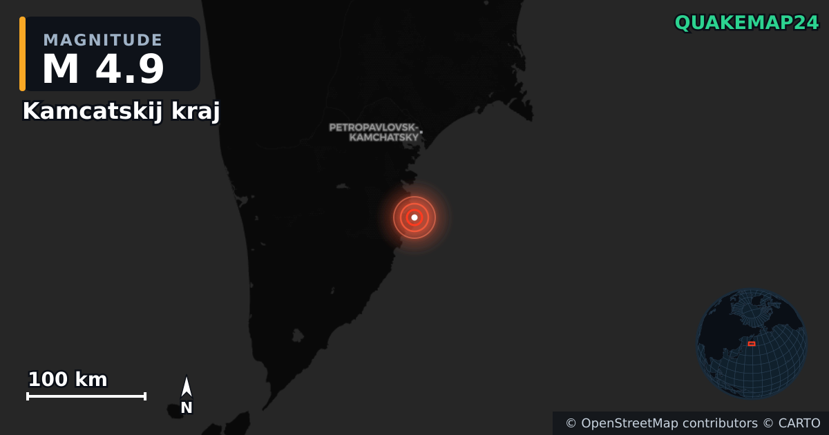M4.9 earthquake near Kamcatskij kraj on Nov 7, 2025 — map of epicenter and shaking intensity | QuakeMap24