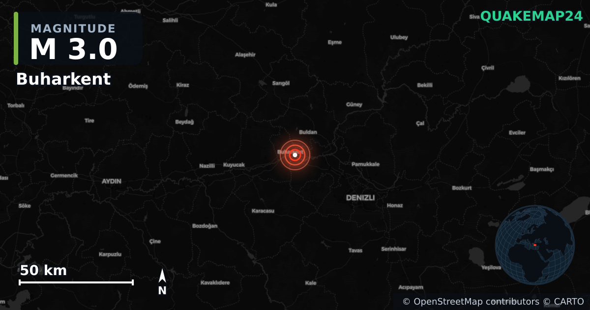 M3.0 earthquake near Buharkent on Aug 27, 2025 — map of epicenter and shaking intensity | QuakeMap24