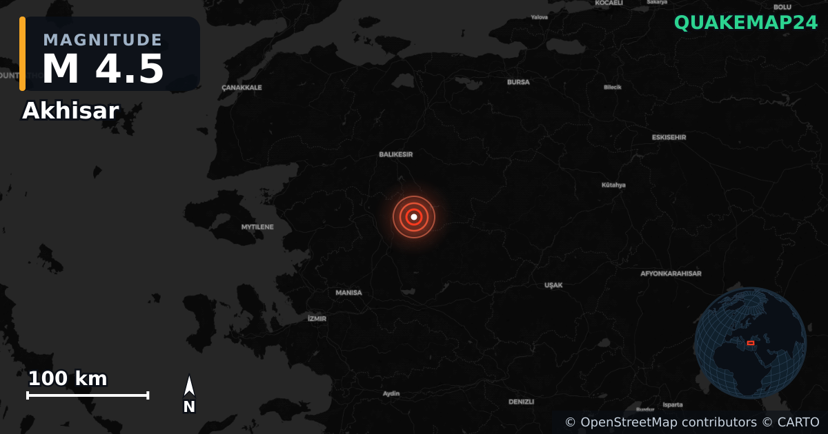 M4.5 earthquake near Akhisar on Oct 27, 2025 — map of epicenter and shaking intensity | QuakeMap24