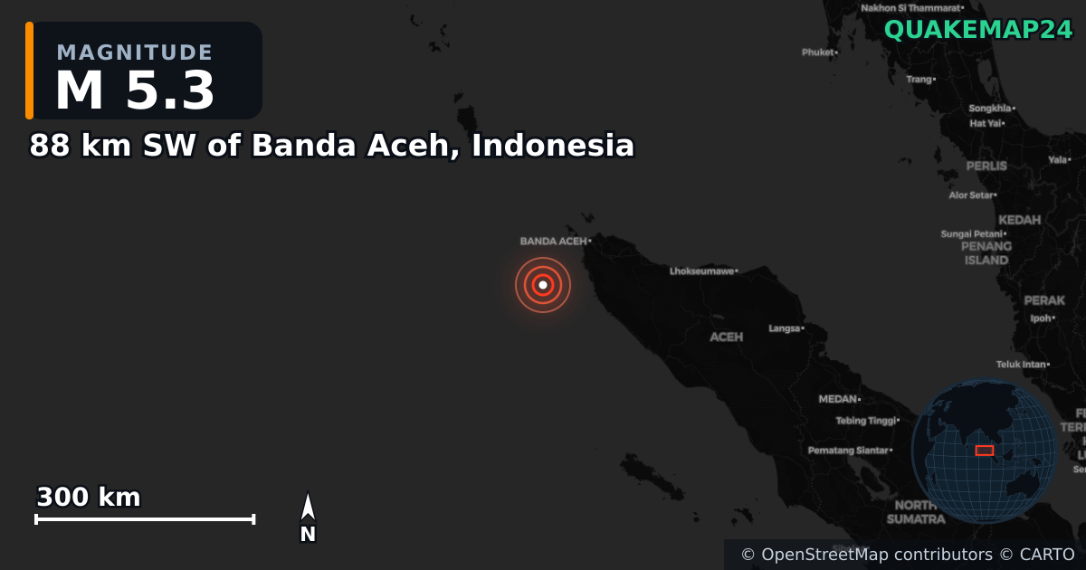 M5.3 earthquake near 88 km SW of Banda Aceh, Indonesia on Feb 20, 2025 — map of epicenter and shaking intensity | QuakeMap24