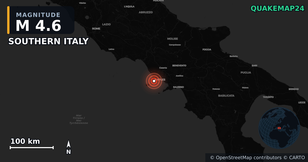 M4.6 earthquake near SOUTHERN ITALY on Jun 30, 2025 — map of epicenter and shaking intensity | QuakeMap24