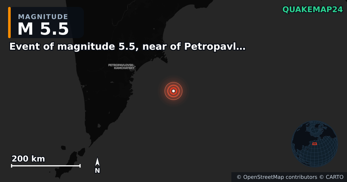 M5.5 earthquake near Event of magnitude 5.5, near of Petropavlovsk Kamchatskiy (Monde) on Sep 19, 2025 — map of epicenter and shaking intensity | QuakeMap24