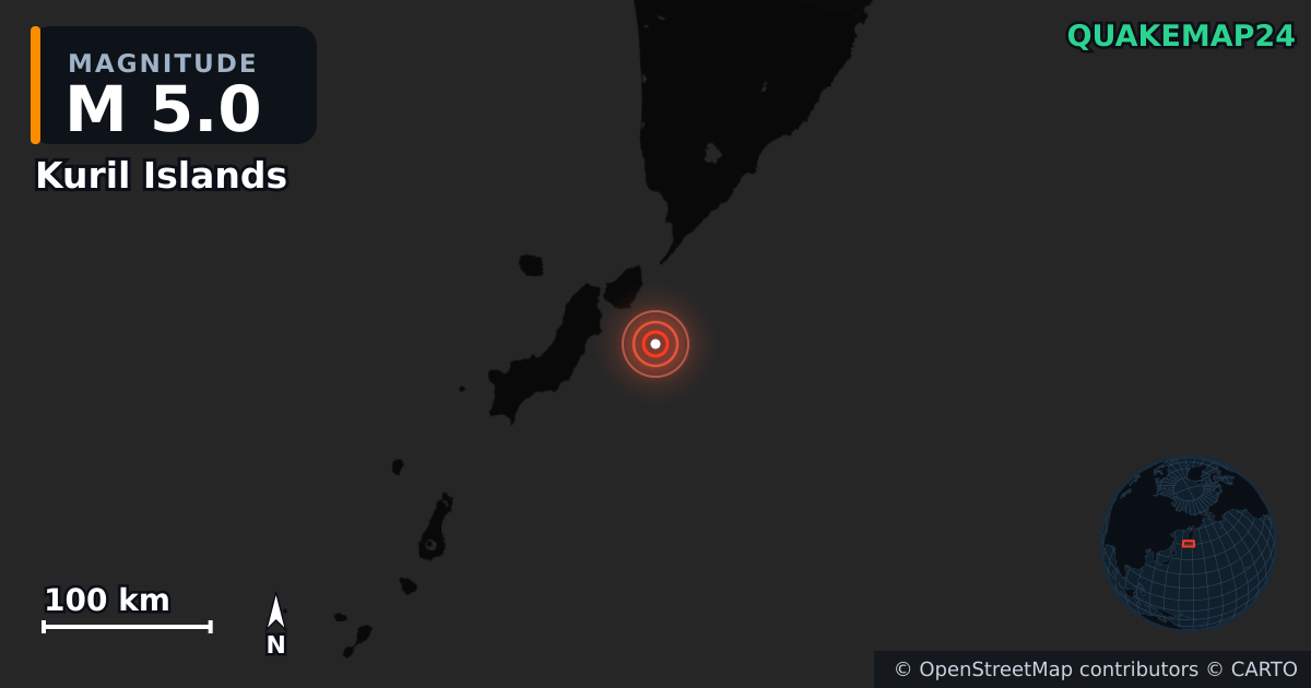 M5.0 earthquake near Kuril Islands on Jun 5, 2026 — map of epicenter and shaking intensity | QuakeMap24