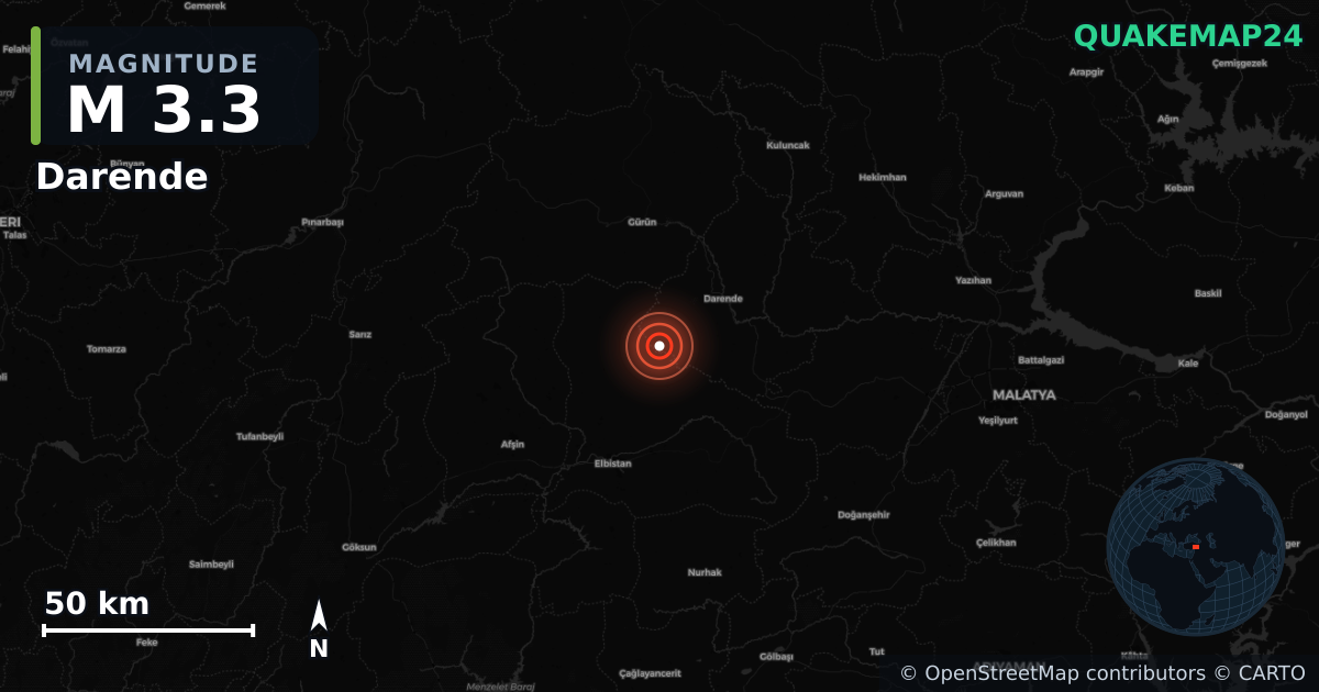 M3.3 earthquake near Darende on Aug 18, 2025 — map of epicenter and shaking intensity | QuakeMap24