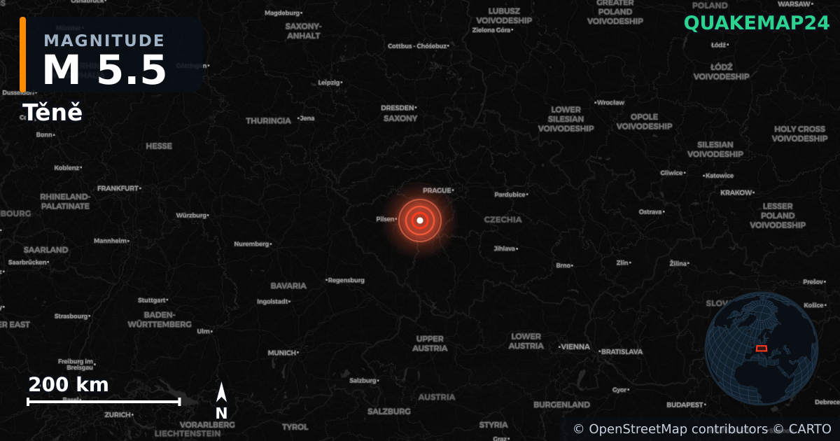 M5.5 earthquake near Těně on Jul 9, 2026 — map of epicenter and shaking intensity | QuakeMap24