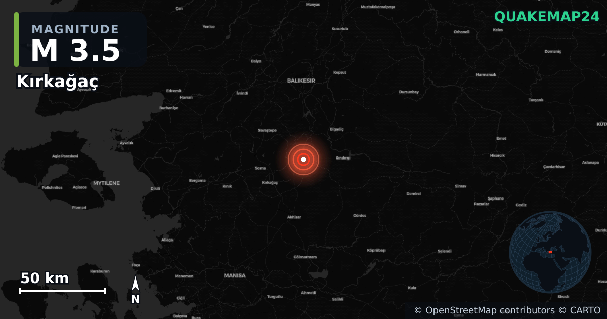 M3.5 earthquake near Kırkağaç on Sep 30, 2025 — map of epicenter and shaking intensity | QuakeMap24