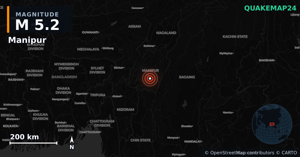 M5.2 earthquake near Manipur on May 27, 2025 — map of epicenter and shaking intensity | QuakeMap24
