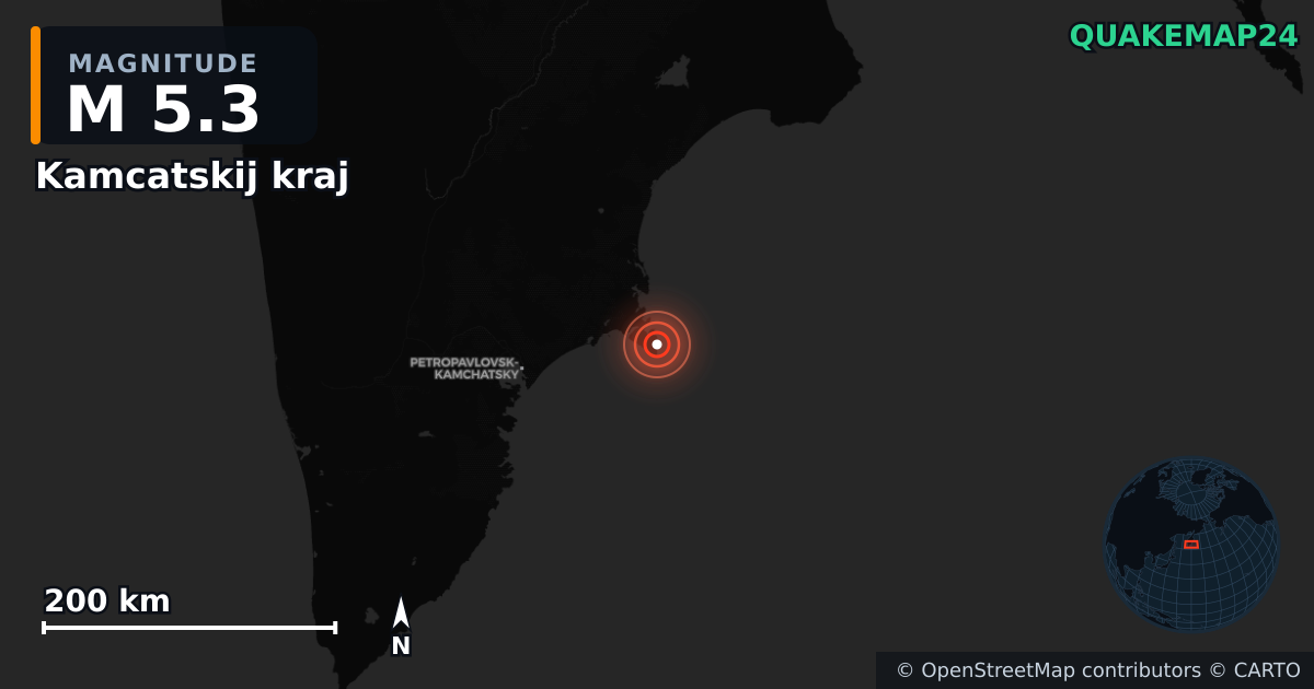 M5.3 earthquake near Kamcatskij kraj on Sep 15, 2025 — map of epicenter and shaking intensity | QuakeMap24