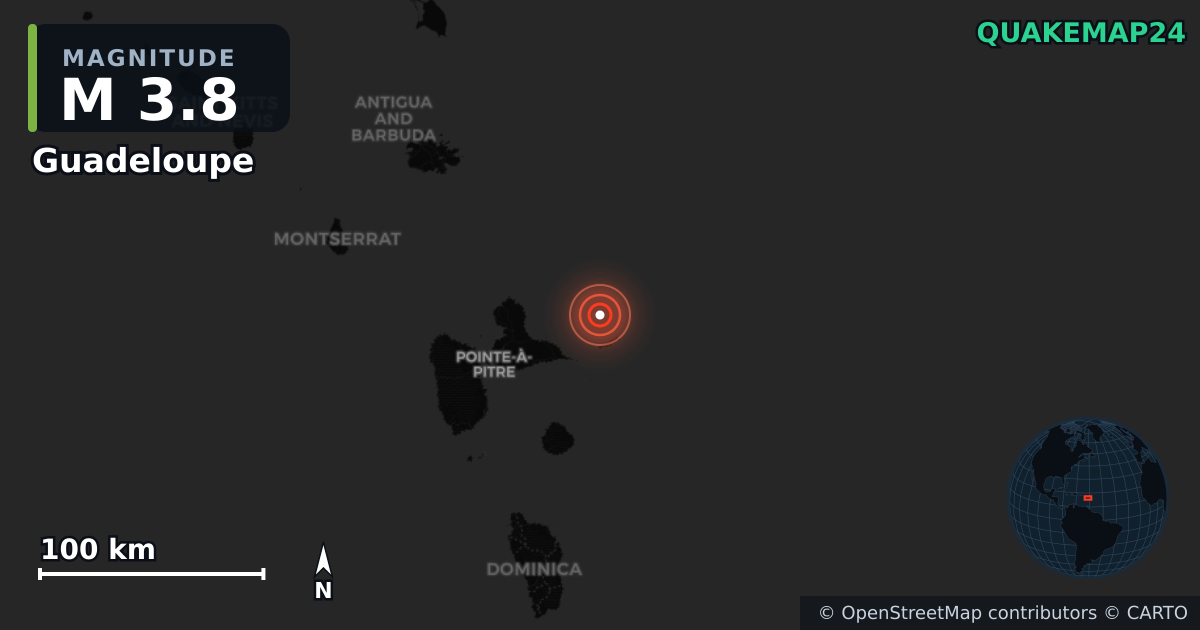 M3.8 earthquake near Guadeloupe on Jul 30, 2025 — map of epicenter and shaking intensity | QuakeMap24