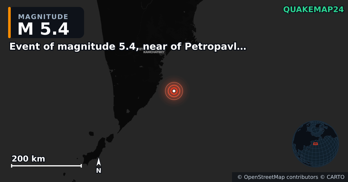 M5.4 earthquake near Event of magnitude 5.4, near of Petropavlovsk Kamchatskiy (Monde) on Feb 26, 2026 — map of epicenter and shaking intensity | QuakeMap24