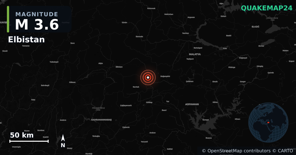 M3.6 earthquake near Elbistan on Sep 7, 2025 — map of epicenter and shaking intensity | QuakeMap24