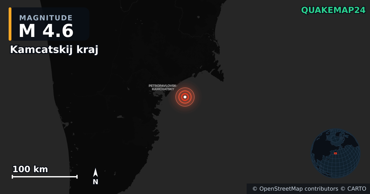 M4.6 earthquake near Kamcatskij kraj on Jul 10, 2025 — map of epicenter and shaking intensity | QuakeMap24