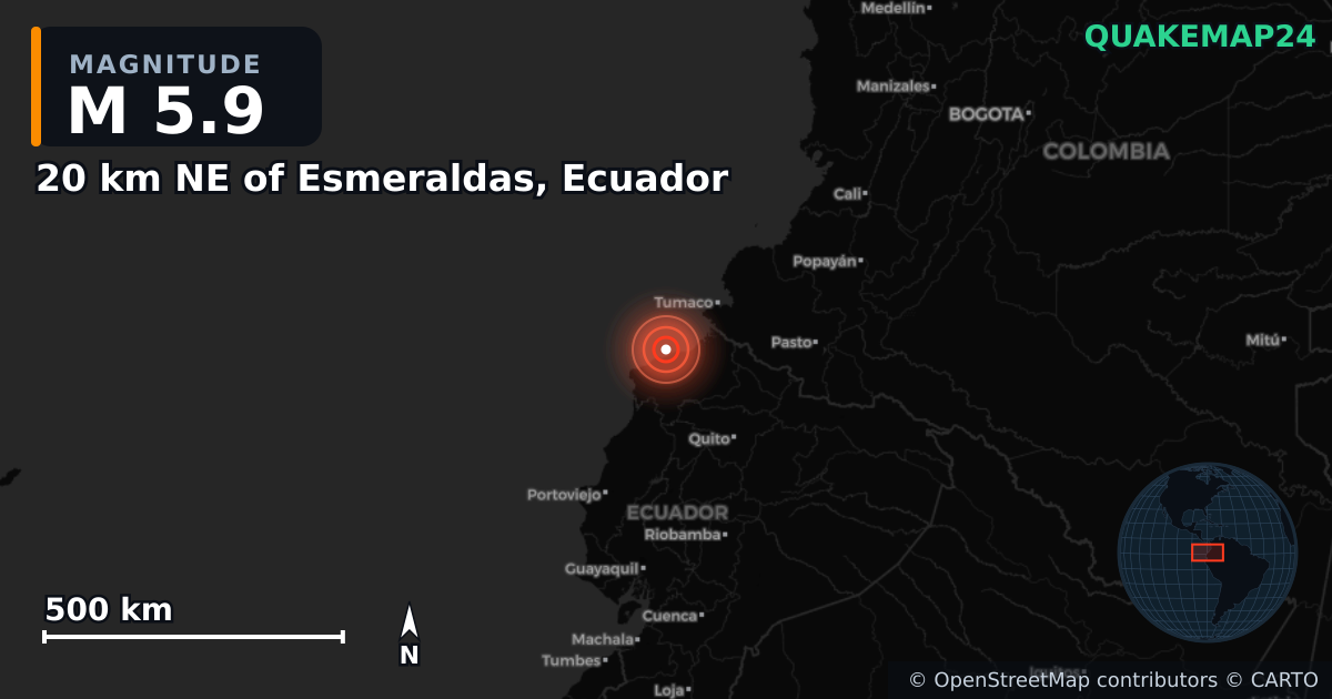 M5.9 earthquake near 20 km NE of Esmeraldas, Ecuador on Apr 25, 2025 — map of epicenter and shaking intensity | QuakeMap24
