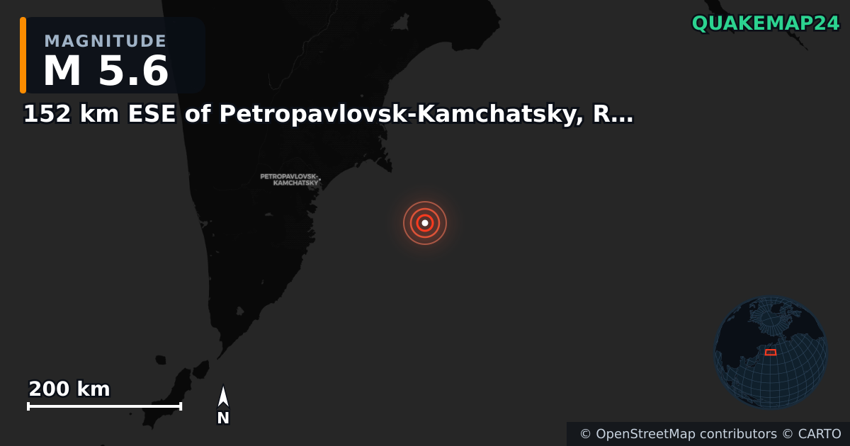 M5.6 earthquake near 152 km ESE of Petropavlovsk-Kamchatsky, Russia on Aug 3, 2025 — map of epicenter and shaking intensity | QuakeMap24