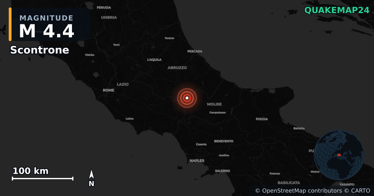 M4.4 earthquake near Scontrone on Jul 24, 2026 — map of epicenter and shaking intensity | QuakeMap24
