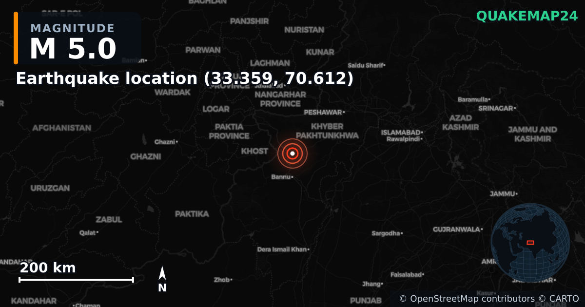 M5.0 earthquake near Earthquake location (33.359, 70.612) on Aug 31, 2025 — map of epicenter and shaking intensity | QuakeMap24