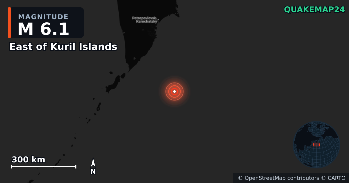 East of Kuril Islands yakınında M6,1 deprem · 2025-08-09 — Deprem merkez üssünün konumunu gösteren harita