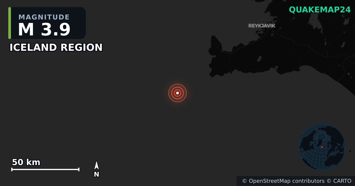 M3.9 earthquake near ICELAND REGION on May 24, 2025 — map of epicenter and shaking intensity | QuakeMap24