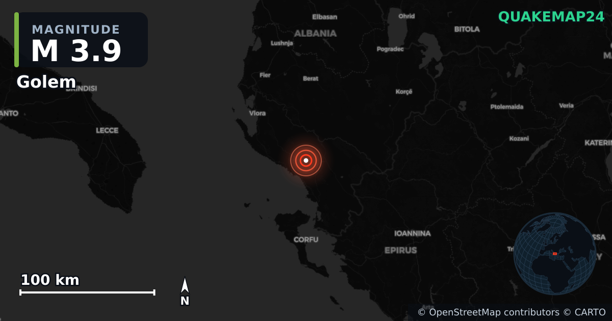 M3.9 earthquake near Golem on Jun 8, 2026 — map of epicenter and shaking intensity | QuakeMap24