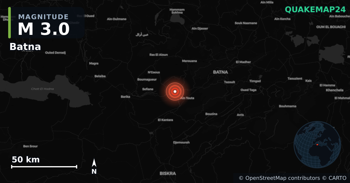 M3.0 earthquake near Batna on Jul 23, 2025 — map of epicenter and shaking intensity | QuakeMap24