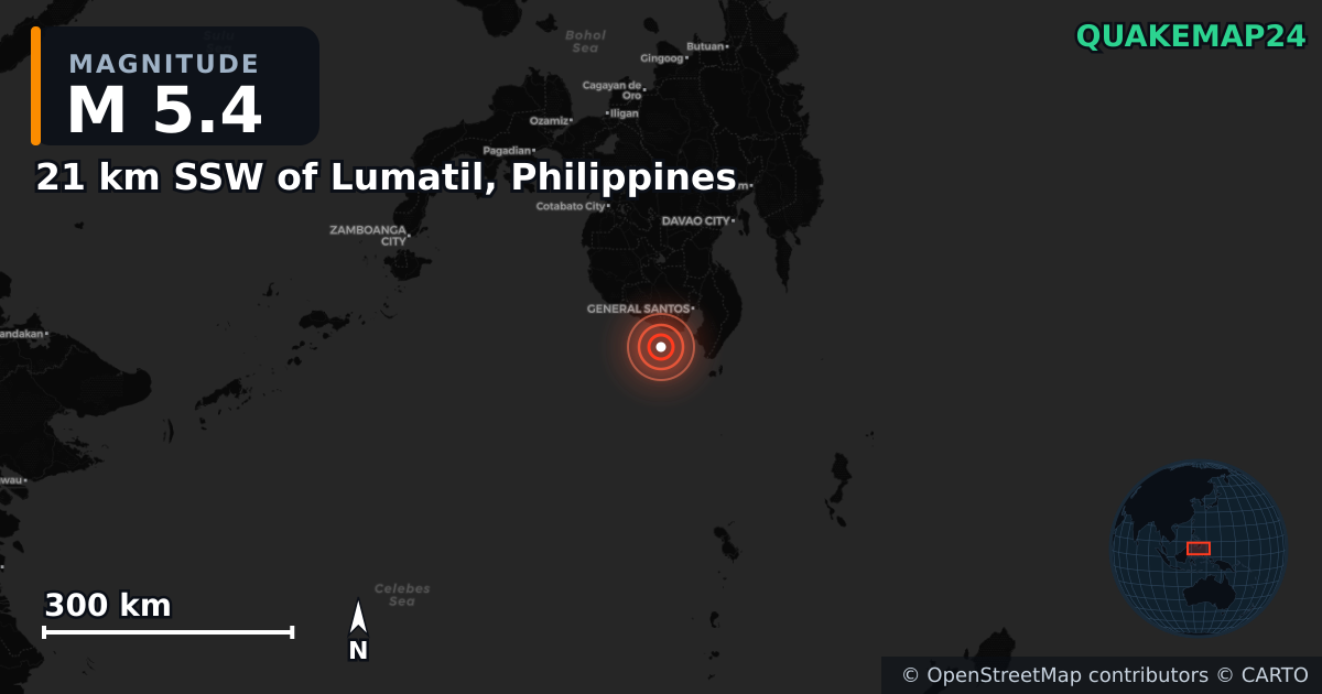 Σεισμός M5,4 κοντά στο 21 km SSW of Lumatil, Philippines — Χάρτης της θέσης του επικέντρου
