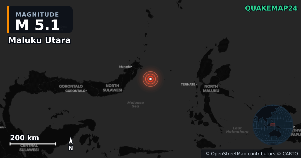 M5.1 earthquake near Maluku Utara on Aug 18, 2025 — map of epicenter and shaking intensity | QuakeMap24