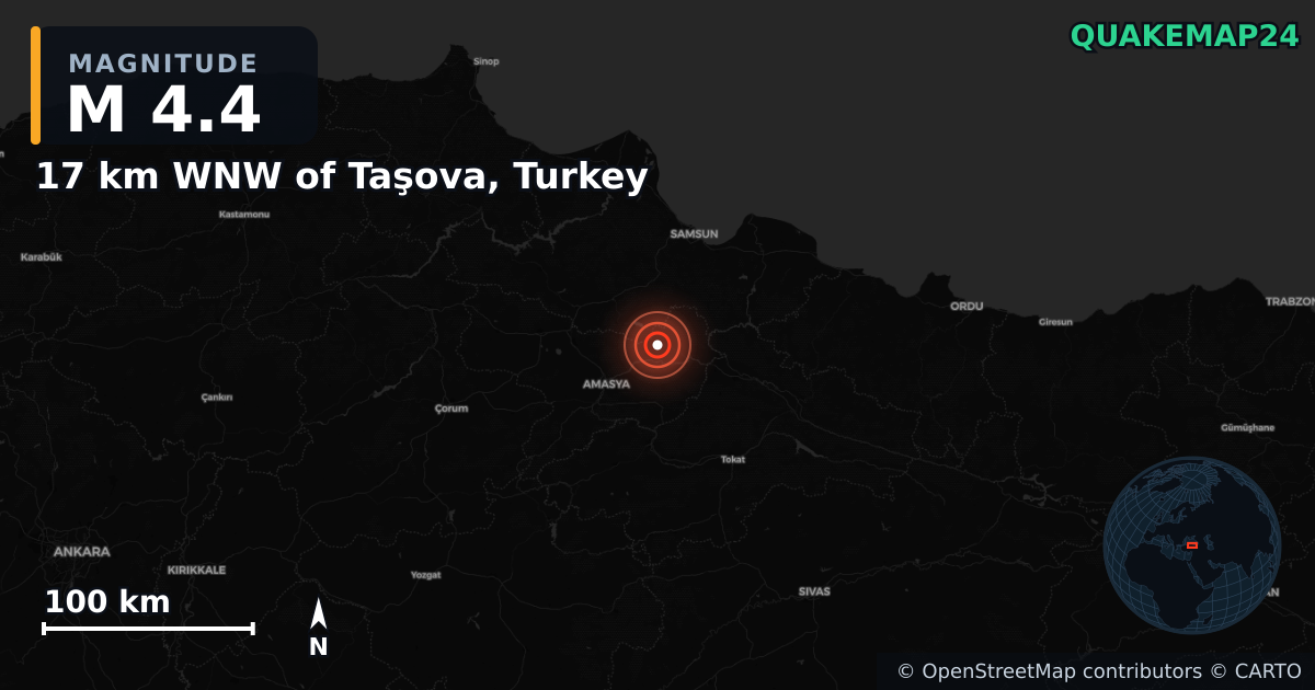Erdbeben M4,4 bei 17 km WNW of Taşova, Turkey · 2025-04-13 — Karte der Lage des Epizentrums