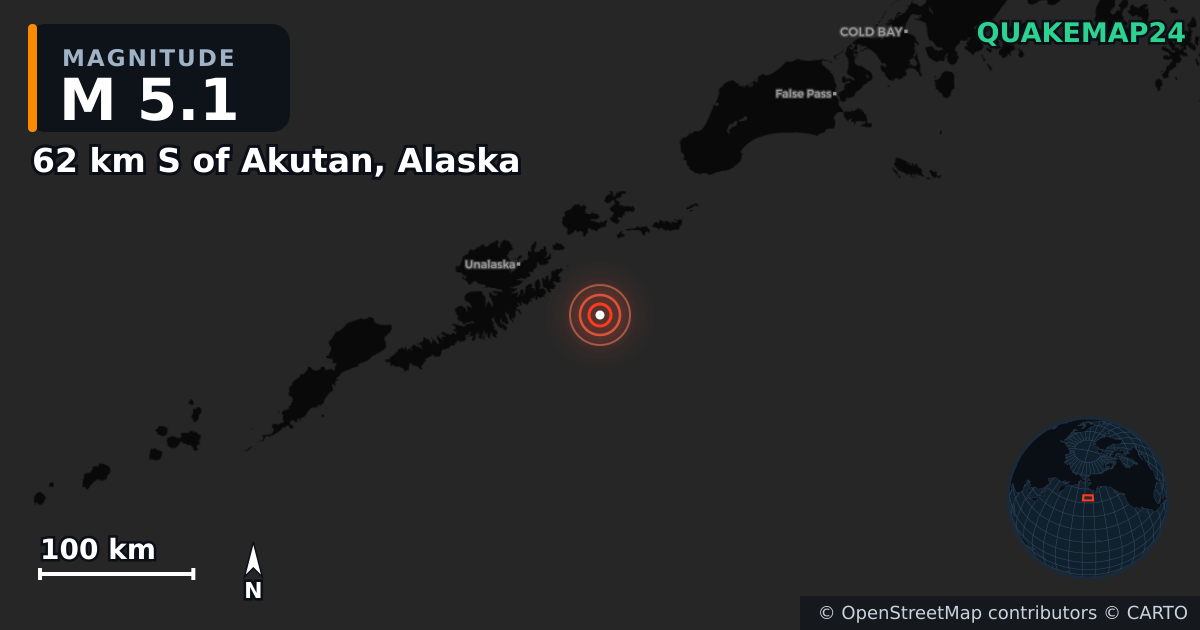 M5.1 earthquake near 62 km S of Akutan, Alaska on Oct 17, 2025 — map of epicenter and shaking intensity | QuakeMap24