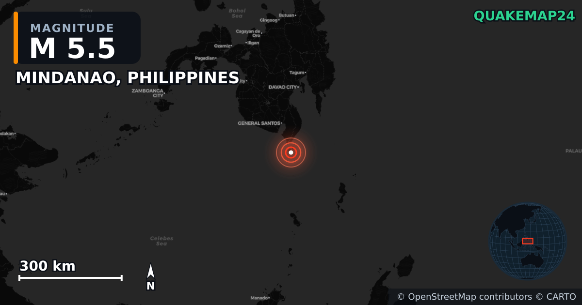 M5.5 earthquake near MINDANAO, PHILIPPINES on Jun 8, 2026 — map of epicenter and shaking intensity | QuakeMap24