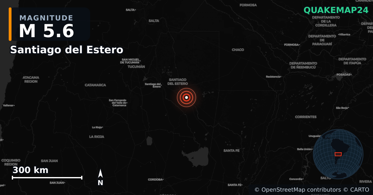 M5.6 earthquake near Santiago del Estero on Dec 27, 2025 — map of epicenter and shaking intensity | QuakeMap24