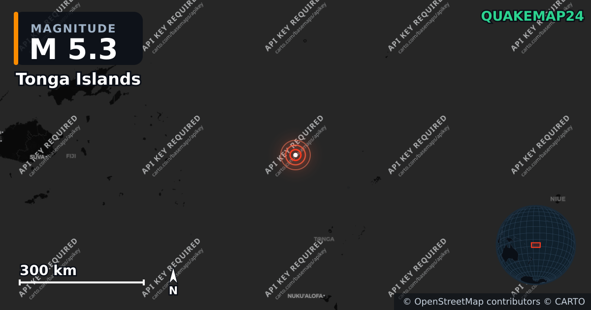 M5.3 earthquake near Tonga Islands on Apr 29, 2026 — map of epicenter and shaking intensity | QuakeMap24