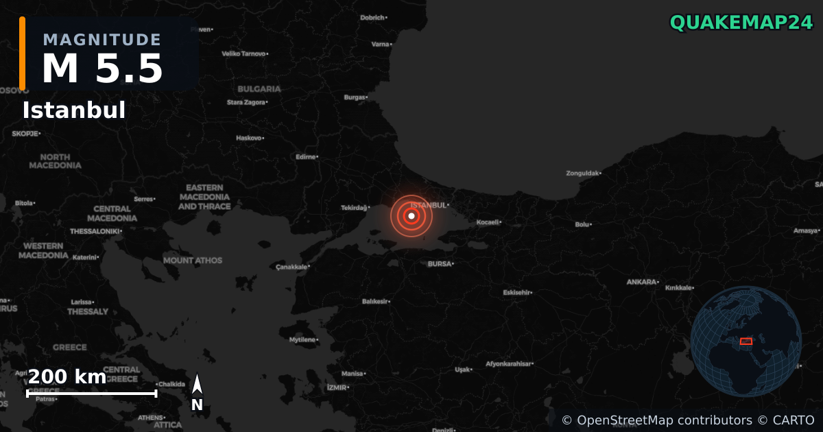 M5.5 earthquake near Istanbul on Apr 23, 2025 — map of epicenter and shaking intensity | QuakeMap24
