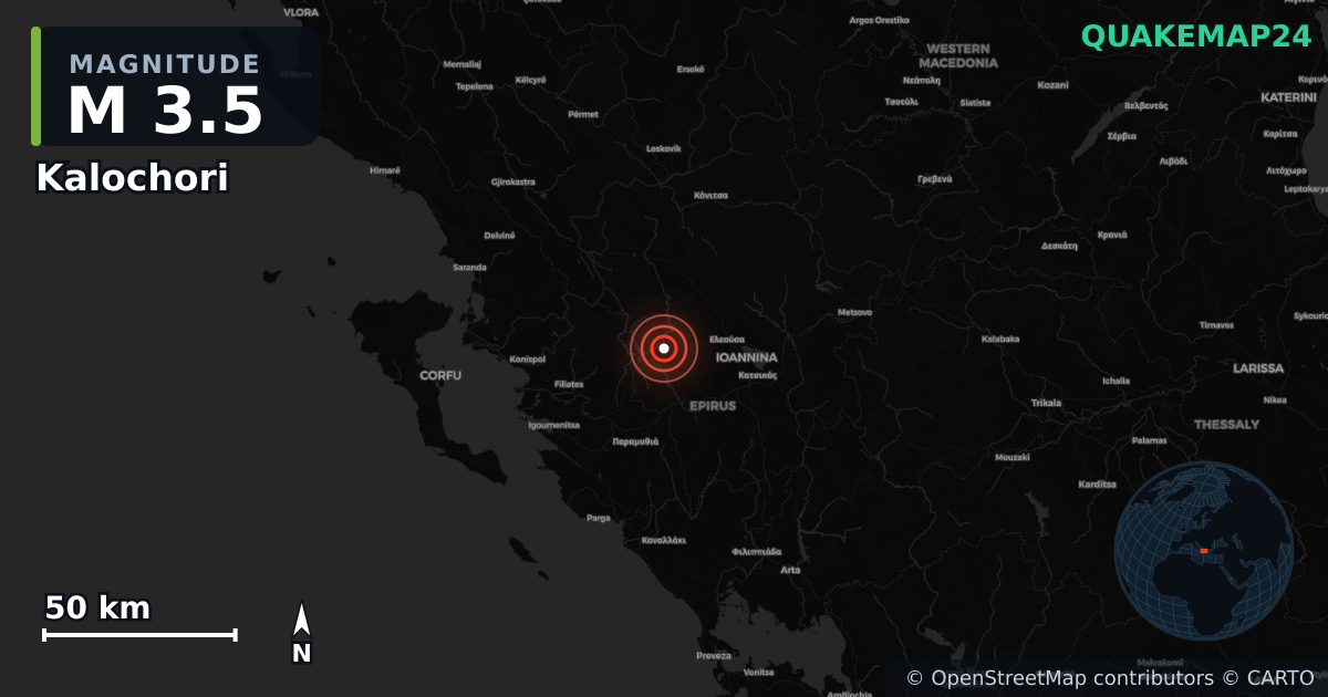 M3.5 earthquake near Kalochori on Jun 12, 2026 — map of epicenter and shaking intensity | QuakeMap24