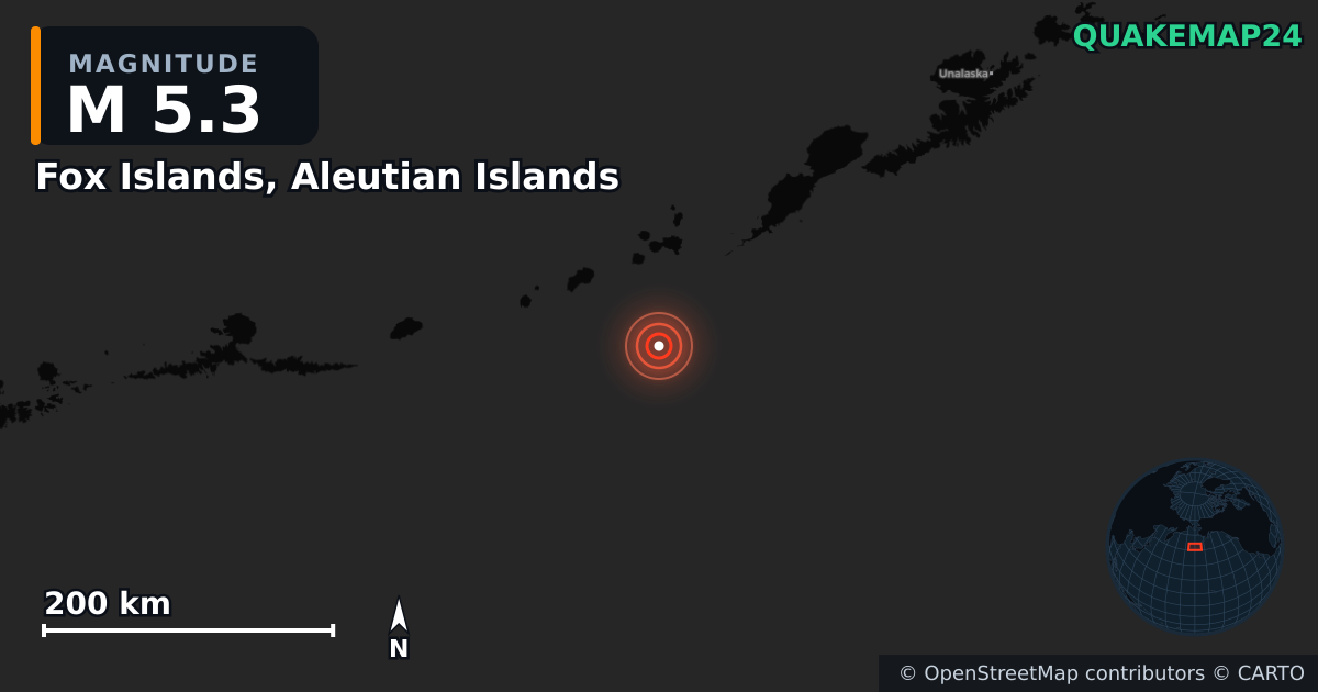 M5.3 earthquake near Fox Islands, Aleutian Islands on Sep 16, 2025 — map of epicenter and shaking intensity | QuakeMap24