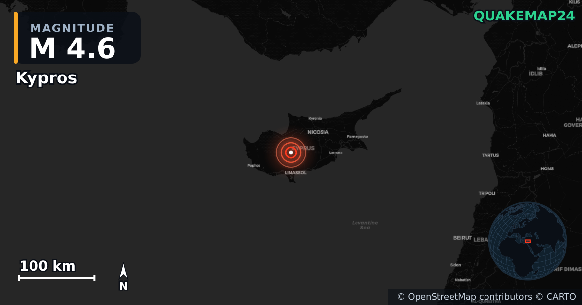 M4.6 earthquake near Kypros on Nov 13, 2025 — map of epicenter and shaking intensity | QuakeMap24