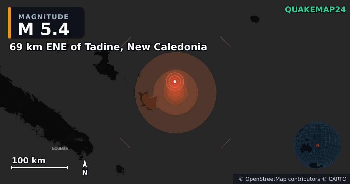 Σεισμός M5,5 κοντά στο 61 km ENE of Tadine, New Caledonia · 2026-09-25 — Χάρτης της θέσης του επικέντρου