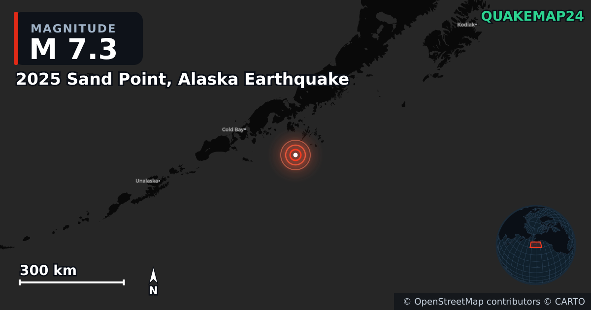 M7.3 earthquake near 2025 Sand Point, Alaska Earthquake on Jul 16, 2025 — map of epicenter and shaking intensity | QuakeMap24