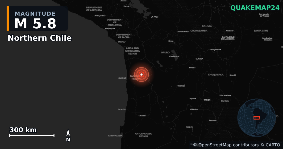 M5.8 earthquake near Northern Chile on Oct 14, 2025 — map of epicenter and shaking intensity | QuakeMap24