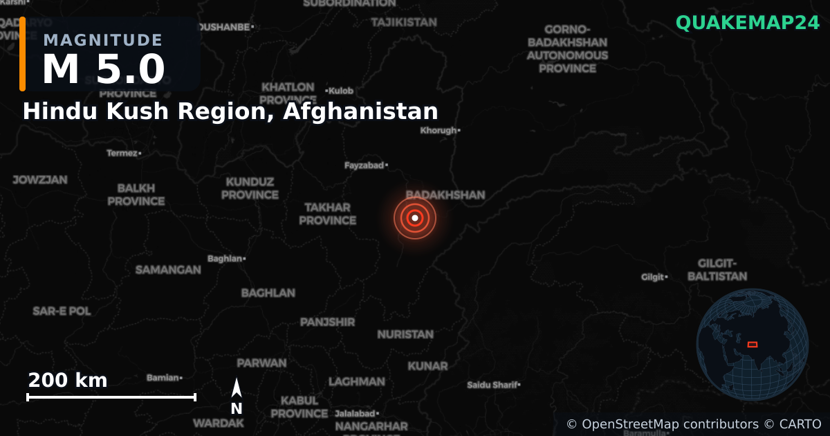 M5.0 earthquake near Hindu Kush Region, Afghanistan on Apr 18, 2026 — map of epicenter and shaking intensity | QuakeMap24
