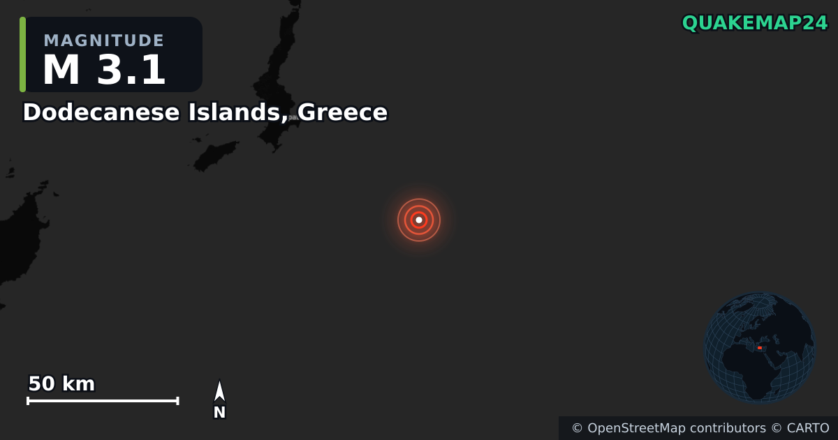 M3.1 earthquake near Dodecanese Islands, Greece on May 20, 2026 — map of epicenter and shaking intensity | QuakeMap24