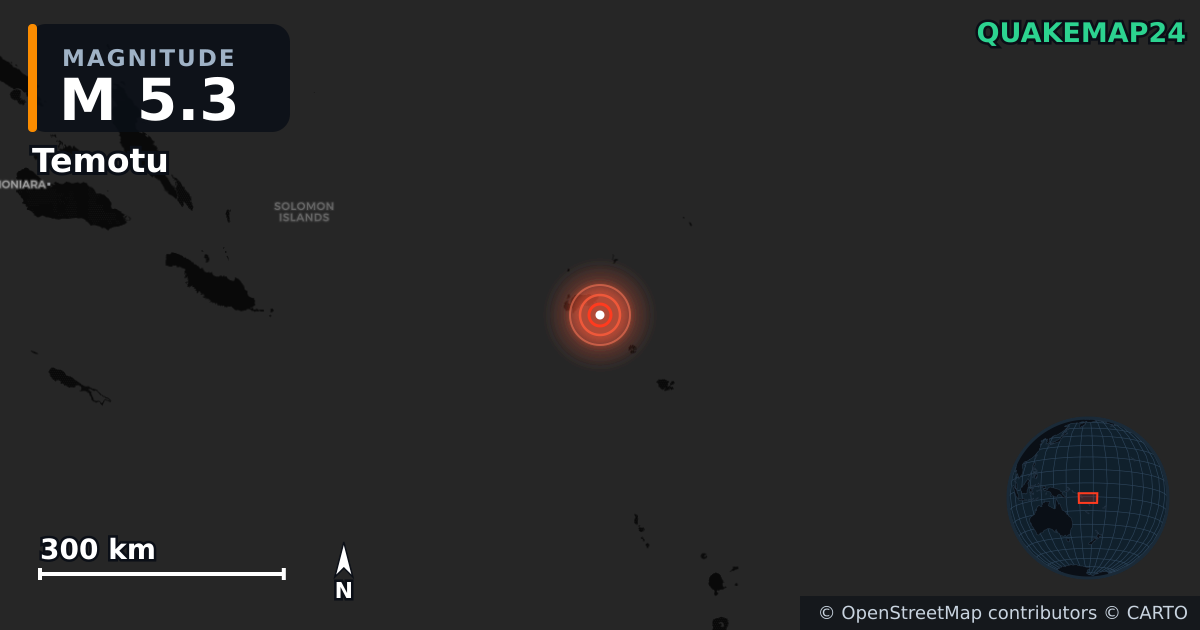 M5.3 earthquake near Temotu on Jul 24, 2025 — map of epicenter and shaking intensity | QuakeMap24