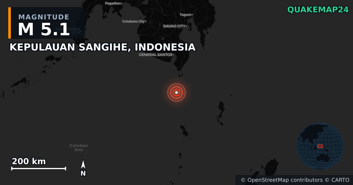 Σεισμός M5,1 κοντά στο KEPULAUAN SANGIHE, INDONESIA — Χάρτης της θέσης του επικέντρου