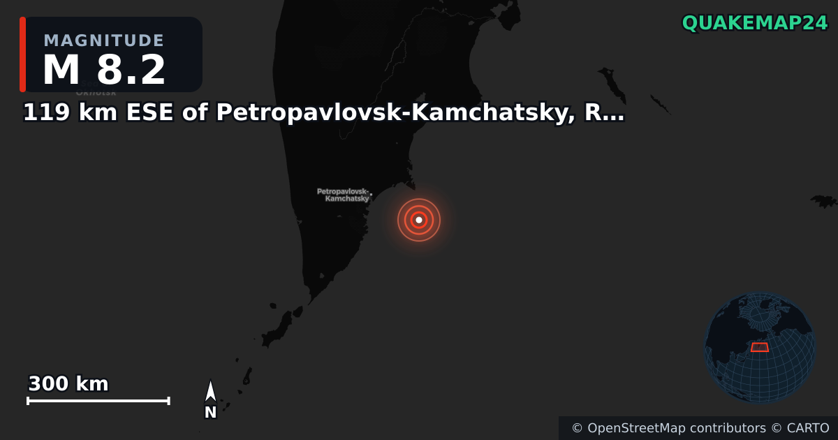 M8.2 earthquake near 119 km ESE of Petropavlovsk-Kamchatsky, Russia on Jul 29, 2025 — map of epicenter and shaking intensity | QuakeMap24