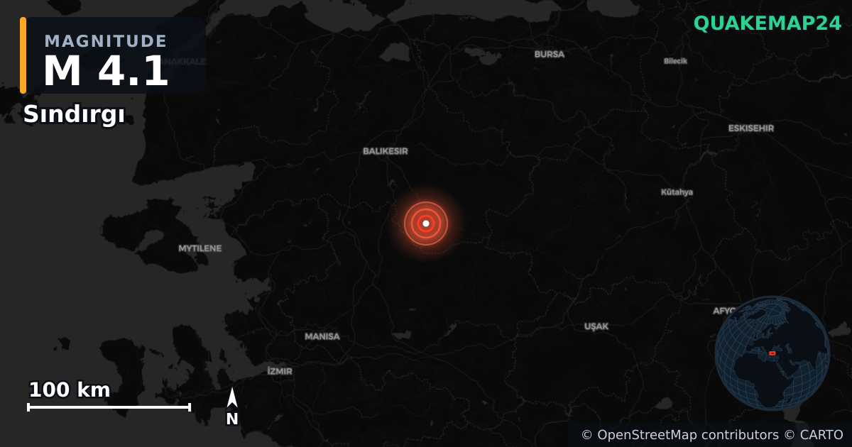 M4.1 earthquake near Sındırgı on Aug 11, 2025 — map of epicenter and shaking intensity | QuakeMap24