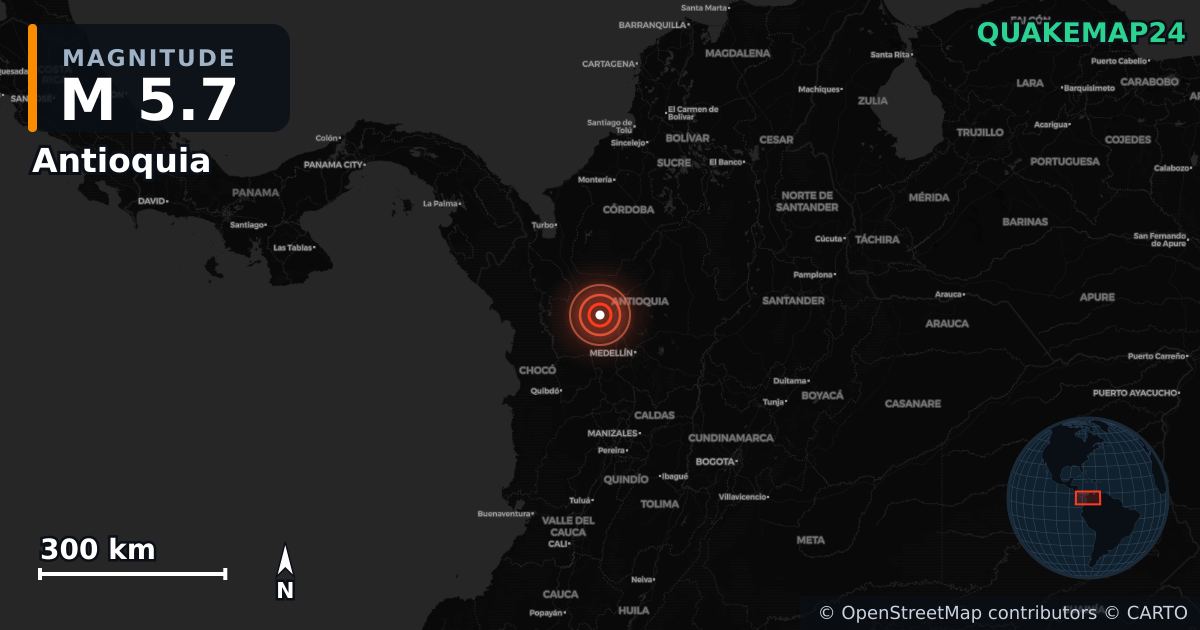 M5.7 earthquake near Antioquia on Sep 14, 2025 — map of epicenter and shaking intensity | QuakeMap24