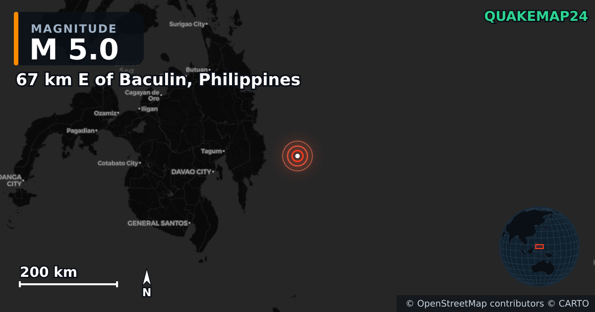 Sismo de M5,0 perto de 67 km E of Baculin, Philippines — Mapa da localização do epicentro