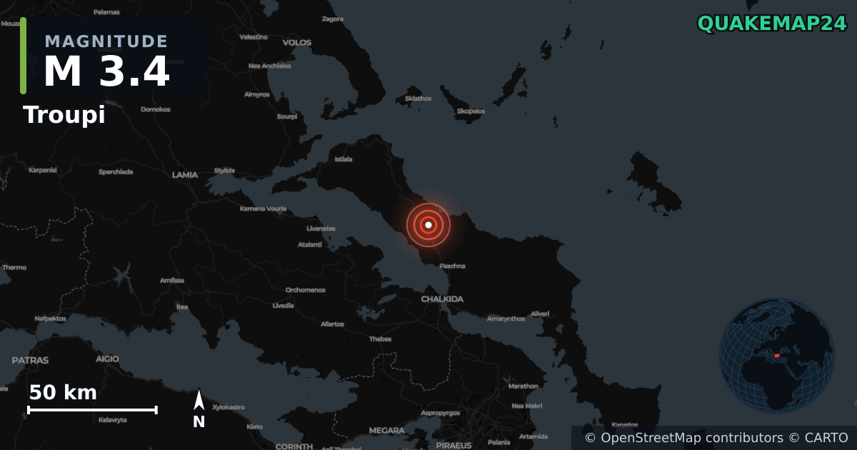 Σεισμός M3,4 κοντά στο Troupi, Central Greece (Ελλάδα) · 2026-06-15 — Χάρτης της θέσης του επικέντρου