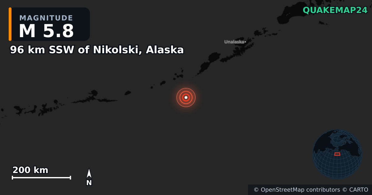 M5.8 earthquake near 96 km SSW of Nikolski, Alaska on Sep 3, 2025 — map of epicenter and shaking intensity | QuakeMap24